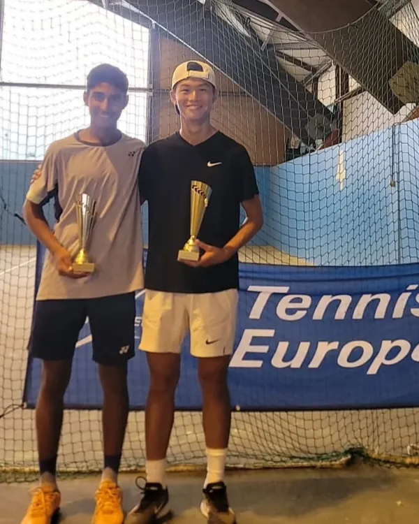 A fantastic achievement on European soil. Tavish Pahwa and his partner Kim Dongjae (Korea) celebrate their maiden doubles title at the U14 Category 1 European ranking tournament, a significant step in his international development.