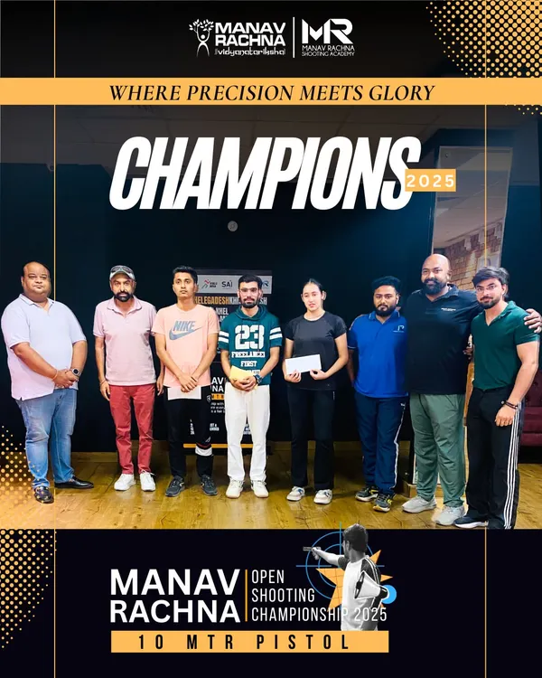 The winners and organizers of the Manav Rachna Open Shooting Championship 2025 for 10m Pistol. We pride ourselves on hosting events that bring together the nation's best shooters.
