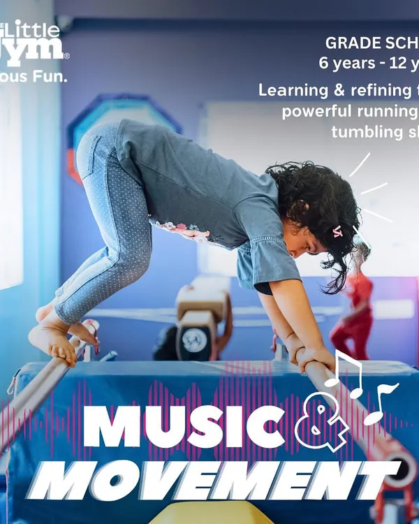 A grade school student practices on the parallel bars. Our classes for 6-12 year olds focus on refining skills like running and tumbling, all set to music and movement.