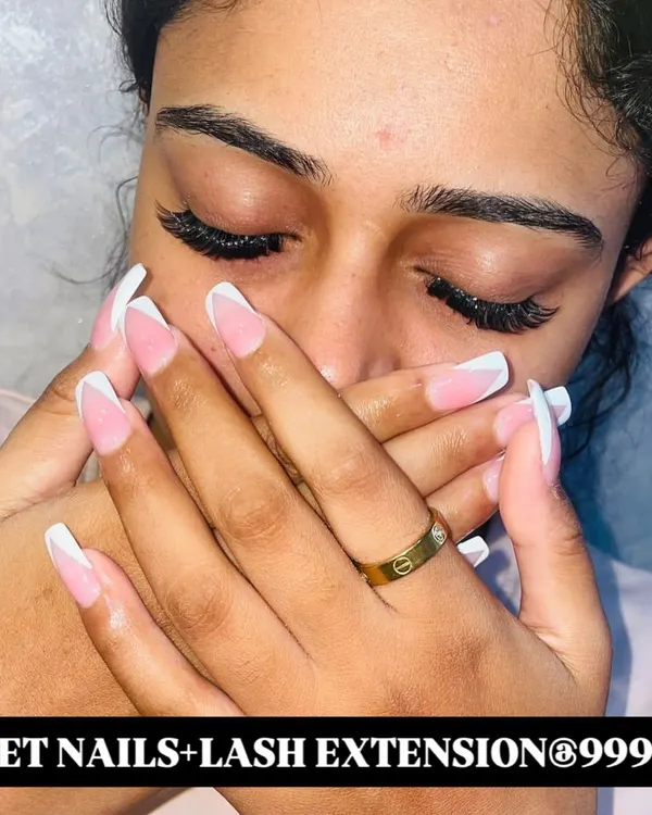 One of my popular combo deals. This client got classic French tip nail extensions and a full set of fluffy lash extensions.