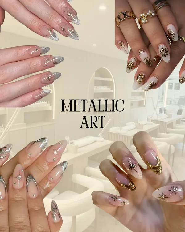 This collage showcases some of my favorite metallic nail art designs. I use high-quality chrome powders and gold foil accents to create looks that range from futuristic and edgy to elegantly glamorous, ensuring a brilliant shine that lasts.