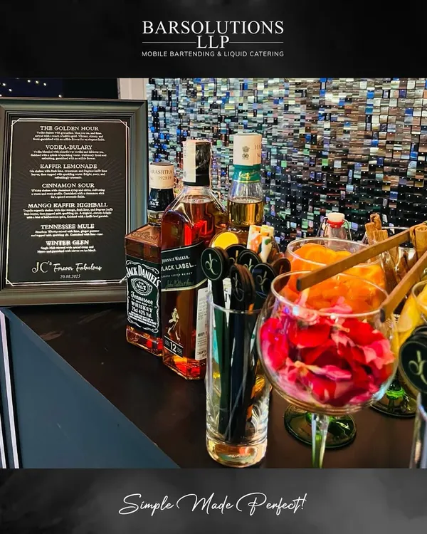 A close-up of the custom menu and garnishes for the birthday celebration of Bisleri's Vice Chairperson. We curated 7 specialty cocktails alongside classics to create an elegant experience.