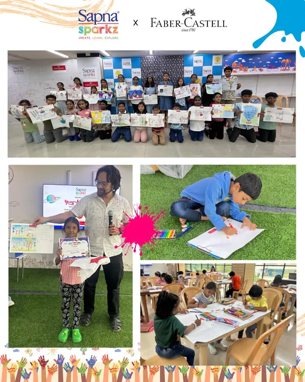A collage from our Young Artists Contest, showing the winners, the group of participants proudly holding their artwork, and kids engrossed in the creative process.