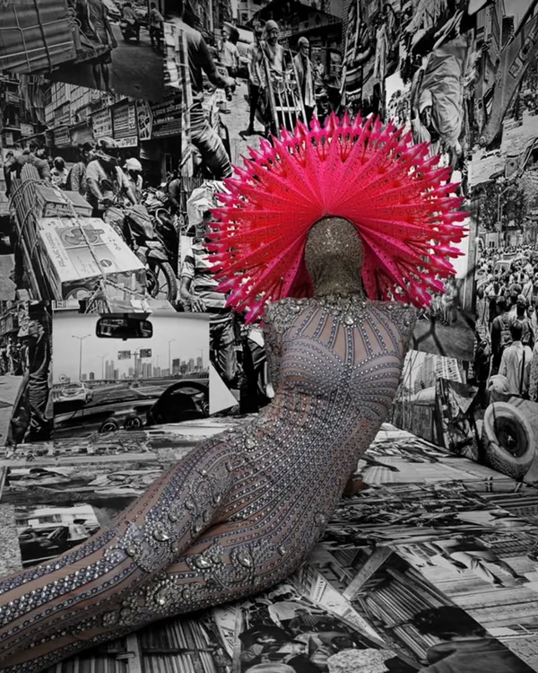This image is from "The Stars of a Quiet Struggle," a personal series that merges fashion and fine art. It represents my love for finding the iconic in the everyday, setting a high-fashion silhouette against a backdrop of Mumbai's chaotic energy.