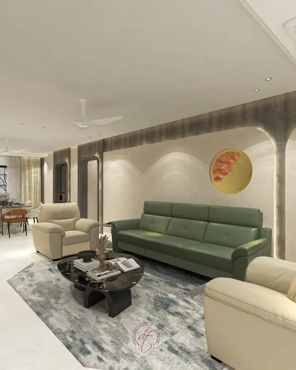 This 3D render showcases a contemporary living room with an olive green sofa and cream armchairs. Visualizing the space this way helps us perfect the color palette and furniture layout with our clients.