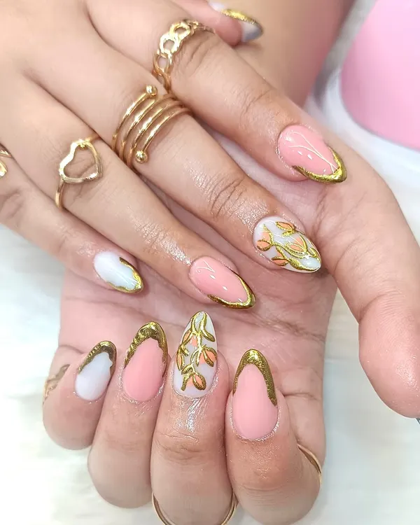 Every stroke tells a story. This beautiful set features a mix of pink and white nails with delicate, hand-painted gold-leafed branches for a look that's pure elegance.