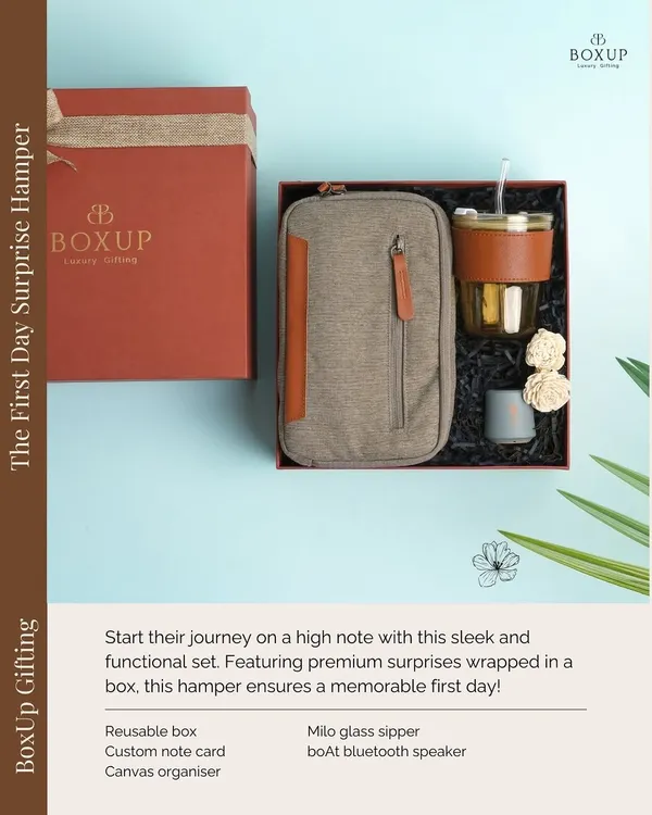 The First Day Surprise Hamper is designed to make new hires feel instantly welcome. This sleek and functional set includes a glass sipper, a boat speaker, and a canvas organizer, ensuring a memorable first day.