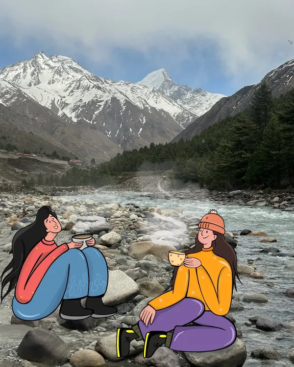 I love turning my travel memories into art. Here, I took a photo from a recent mountain trip and illustrated over it to capture that perfect 'Pahad and chai' feeling. I can do the same for your favorite photos.