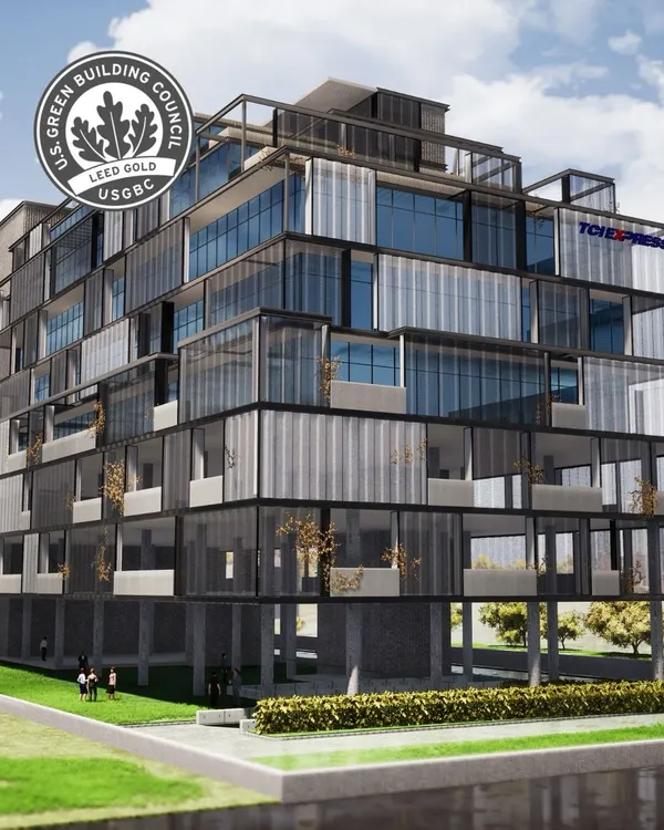 This rendering showcases our TCI Express World Centre in Gurugram, a project that has received LEED Gold Pre-certification. The design, inspired by a stack of floating containers, embodies our commitment to creating sustainable, climate-conscious commercial architecture that is both visually striking and environmentally responsible.