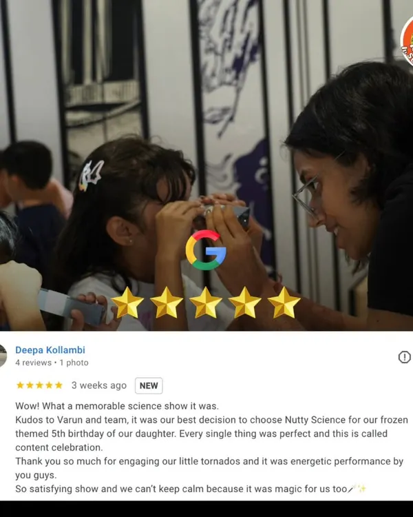 A glowing 5-star review from a happy parent who called our Frozen-themed show a "memorable science show" and "magic for us too." These words mean the world to me!
