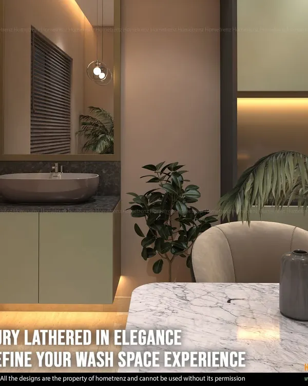 I designed this wash space to feel like a luxury retreat. It features a floating vanity with under-lighting, a stone countertop with a vessel sink, and a simple mirror with elegant pendant lighting.