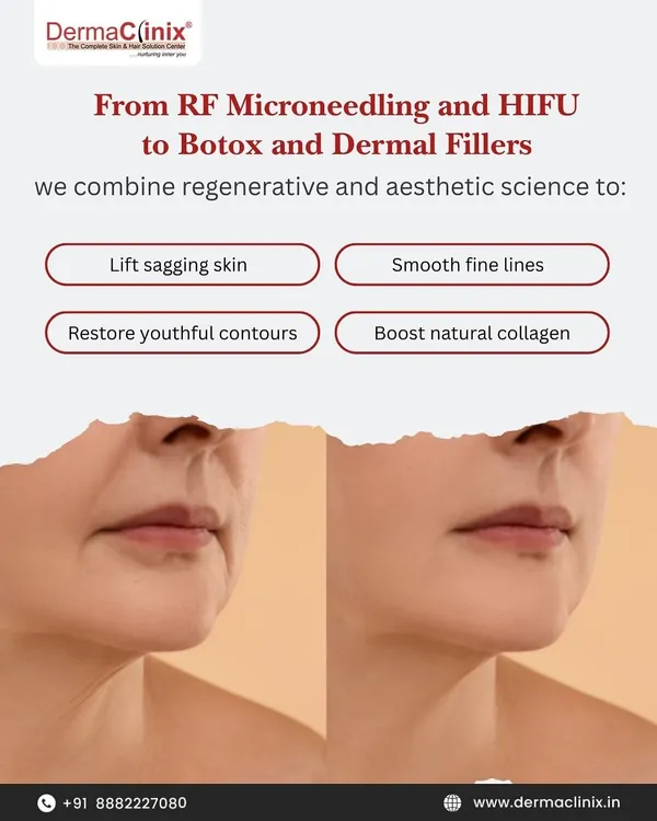 This before and after visual demonstrates how we address sagging skin around the jawline and mouth. We use a combination of treatments like RF Microneedling, HIFU, and fillers to lift, smooth fine lines, and restore youthful contours.