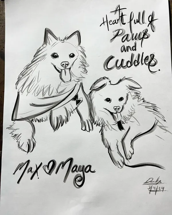 "A Heart full of Paws and Cuddles." A dedicated portrait for two fluffy dogs, Max and Maya, capturing their happy and playful nature.