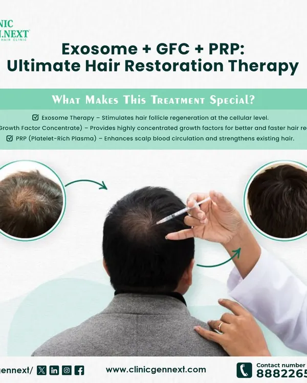 For maximum impact, I have developed an ultimate hair restoration therapy combining Exosome, GFC, and PRP. This powerful trio works together to regenerate follicles at a cellular level, provide concentrated growth factors for faster regrowth, and strengthen existing hair.