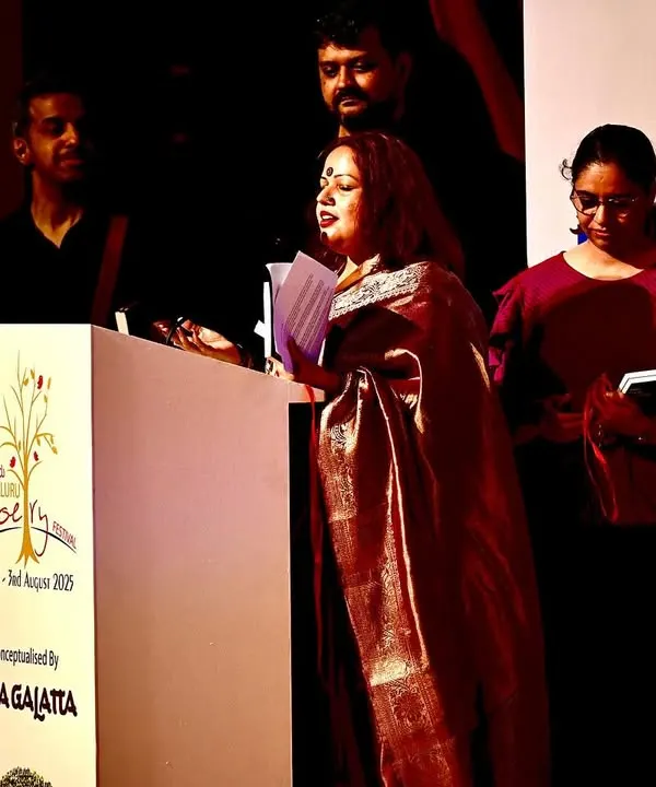A proud moment for our whole community. Here I am on stage at the Bengaluru Poetry Festival, launching 'The BWW Book of Emerging Poets,' which features work from our talented writers. We don't just talk about writing; we work towards getting your stories published and heard.