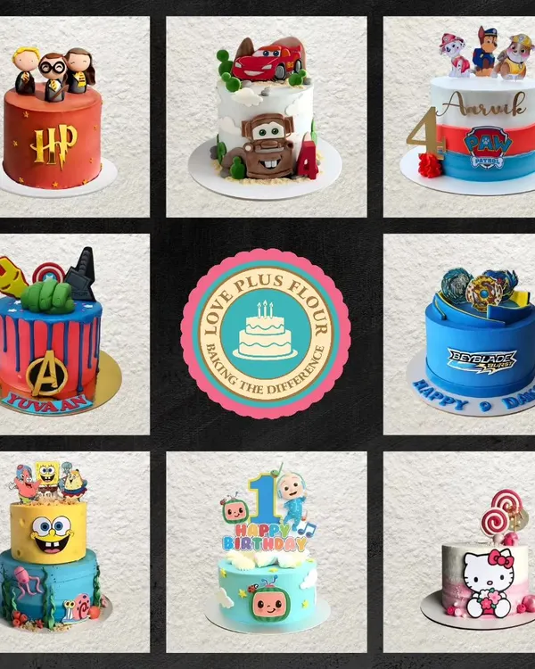Here's a collage showcasing the wide range of character cakes I can create. From Harry Potter and The Avengers to Paw Patrol and Hello Kitty, I love turning your child's favorite heroes and friends into edible art.