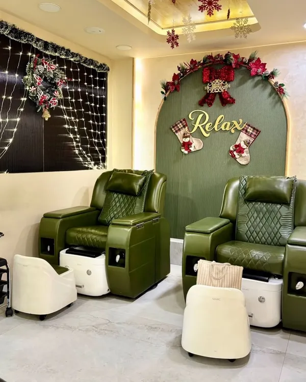 Our pedicure station, decorated for the Christmas season. The festive decor, combined with our comfortable, state-of-the-art chairs, creates a cozy and cheerful atmosphere for you to relax in.