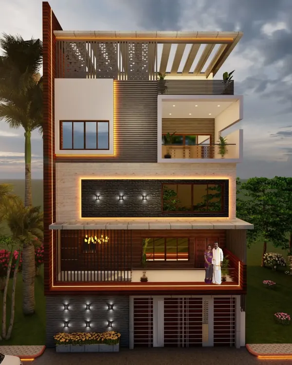 A 3D elevation concept for a multi-story home in Nagarbhavi, featuring intricate jali work on the top floor, recessed lighting, and a mix of dark stone and light-colored walls for a high-contrast, modern look.