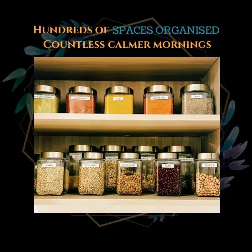 Hundreds of spaces organized lead to countless calmer mornings. These neatly labeled jars for spices and grains are a perfect example of how a simple system can bring peace to your kitchen.