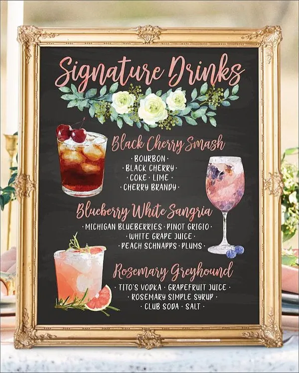 A beautifully designed chalkboard-style menu showcasing the signature drinks for an event. We work with you to name and create cocktails that fit your theme, like this menu featuring a Black Cherry Smash and a Rosemary Greyhound.