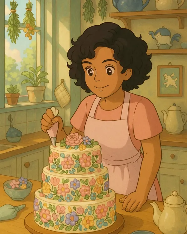 This is me in my element, happiest when I'm decorating a cake. This beautiful illustration perfectly captures the joy I find in my craft.