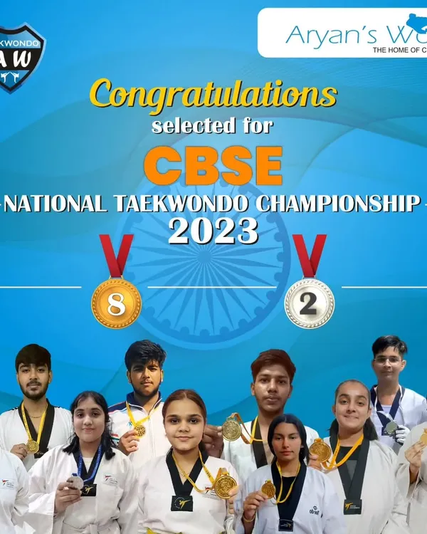 A proud moment for Team Aryans. Here are our students who were selected for the CBSE National Taekwondo Championship 2023 after winning 8 gold and 2 silver medals.