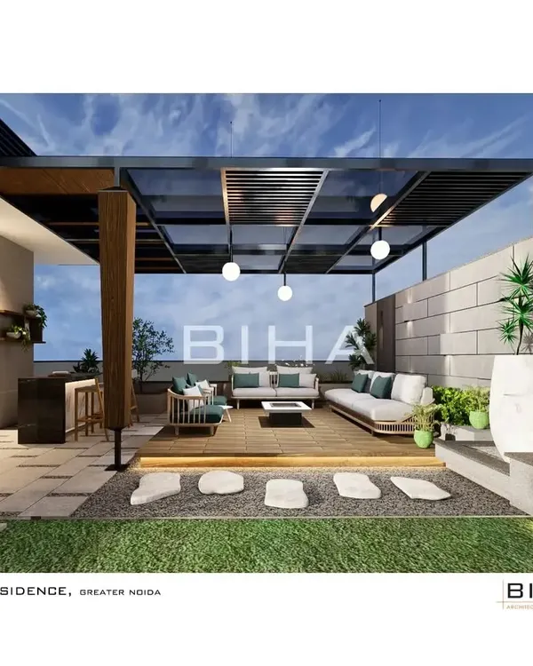 A 3D visualization of our terrace design for a Greater Noida residence, featuring a modern pergola, a raised wooden deck for lounging, and an integrated bar. This concept transforms the rooftop into a multi-functional outdoor living space.