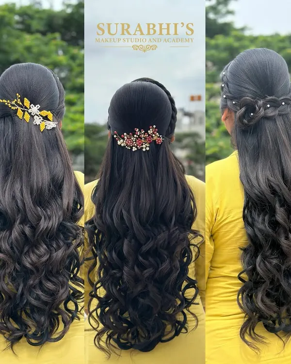 A showcase of modern, open-hair styles perfect for receptions or parties, featuring soft curls and elegant hair accessories.