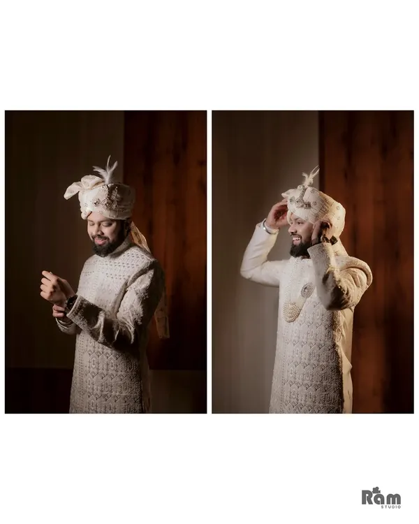 A diptych showing the groom getting ready for his big day. These portraits capture the final touches, from adjusting his cuffs to fixing his turban (safa), highlighting the anticipation and style of the moment.