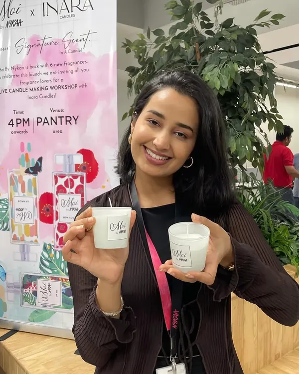 We had an unforgettable evening hosting a live candle making workshop for Nykaa Cosmetics. Guests, like this happy employee, crafted their own bespoke candles, choosing from our exquisite fragrances.