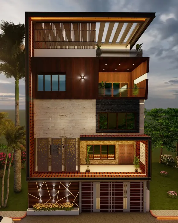 A 3D architectural visualization for a multi-level residence in Nagarbhavi, Bangalore. This design showcases our signature style, blending materials like wood, stone, and decorative jali screens with integrated exterior lighting to create a bold, modern facade.