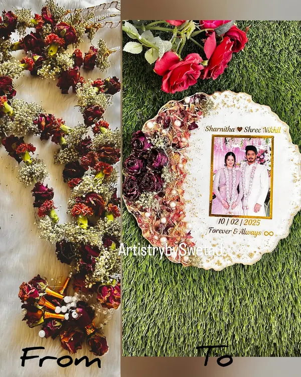 This is the beautiful transformation of a wedding varmala into a timeless keepsake. The 'From' shows the flowers as they arrived, and the 'To' reveals the final resin plaque, where the couple's photo is surrounded by their preserved wedding flowers.