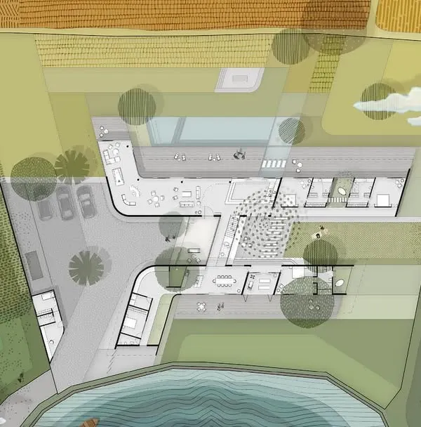 For this Alibaug home, we used an illustrated plan to capture the poetry of the site. The drawing shows the relationship between the house, the surrounding fields, and the pond, reflecting the passing of time and the life within the space.