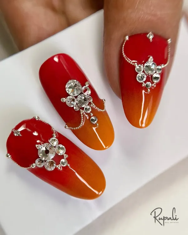 A full set of my fire-and-ice design, featuring a warm ombre base crowned with hand-placed Swarovski crystals. This is the ultimate statement for a bridal or festive look.