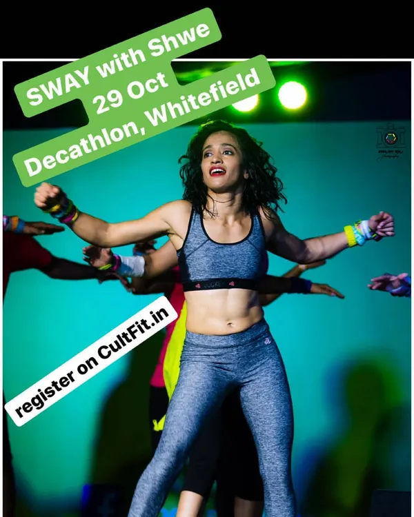 This poster was for the SWAY with Shwe event at Decathlon, Whitefield. These large-scale fitness events are a chance for the whole community to come together for a massive Zumba party.