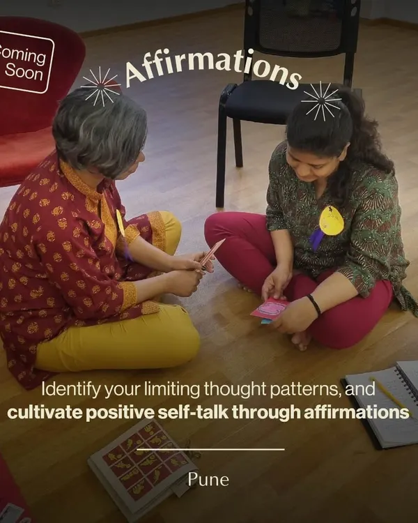 An image from our affirmations workshop in Pune. Participants engage in an activity designed to identify limiting thought patterns and cultivate positive self talk.