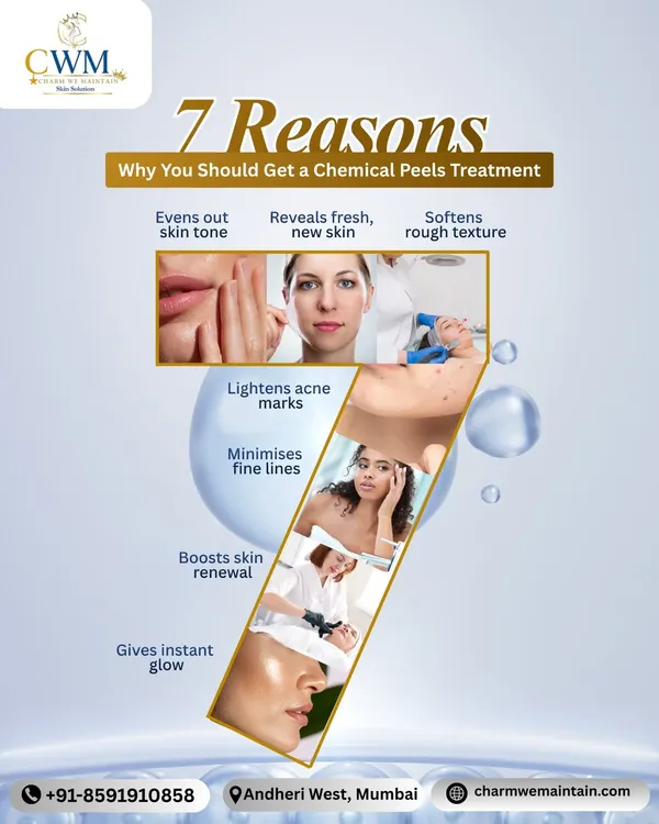 This infographic explains 7 key reasons to get a chemical peel. From evening out skin tone and lightening acne marks to revealing fresh, new skin, it's a versatile treatment for skin renewal.