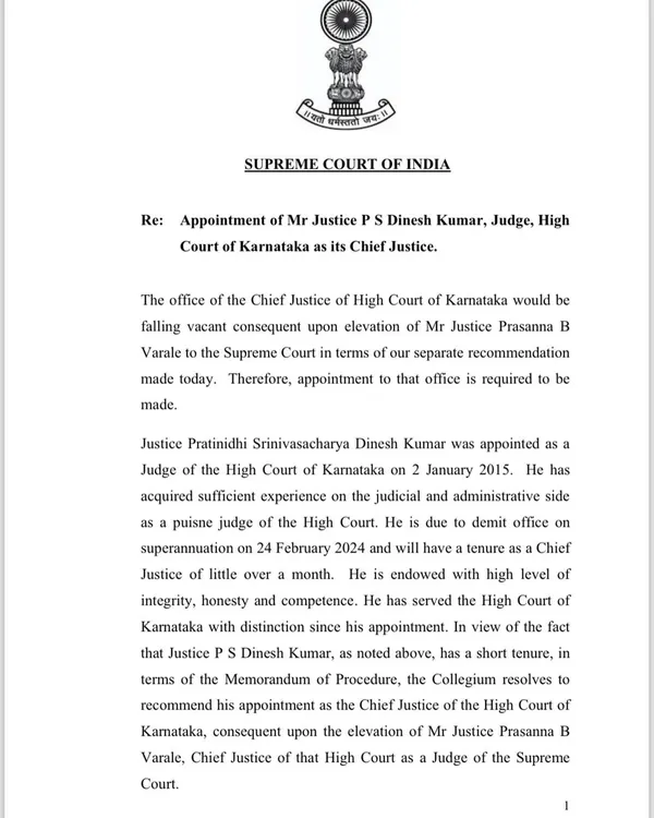 This is the first page of the Supreme Court of India's recommendation for the appointment of Mr. Justice P S Dinesh Kumar as the Chief Justice of the High Court of Karnataka.