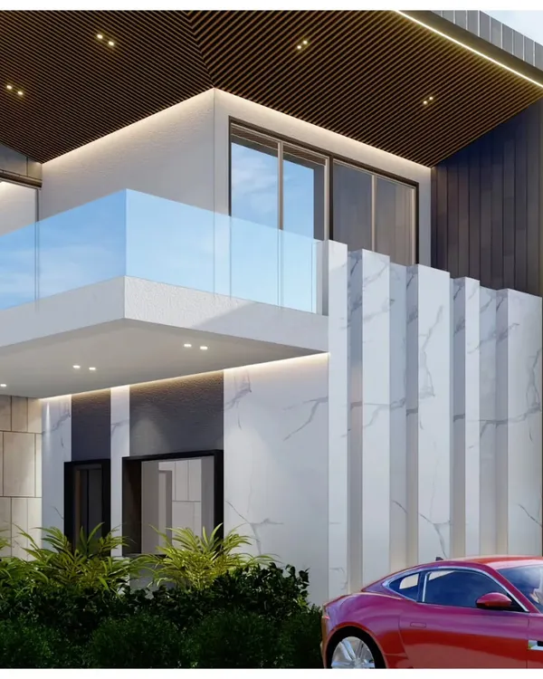 This 3D render shows a modern villa facade I designed. The composition uses a mix of white marble, dark wood panels, a glass balcony, and strategic lighting to create a strong architectural statement.