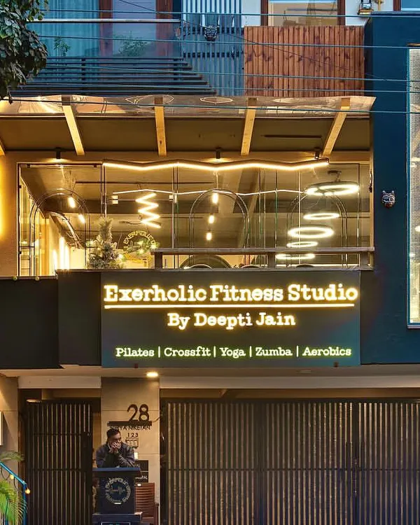 The exterior of Exerholic Fitness Studio, your destination for wellness in Delhi. I created this space to be both beautiful and functional, a true sanctuary for body and mind.