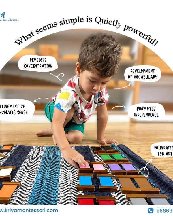 A child works with the Colour Tablet Box, a sensorial material for developing visual discrimination of colors. This activity refines the chromatic sense, builds concentration, and lays a foundation for art.