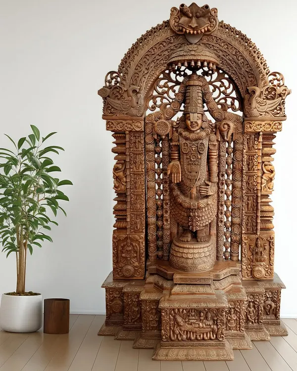 This majestic 6-foot Lord Balaji statue is a testament to our family's century-old carving legacy. Each detail is meticulously hand-carved from a single block of Vaagai wood, creating a commanding presence for a temple or grand entryway.