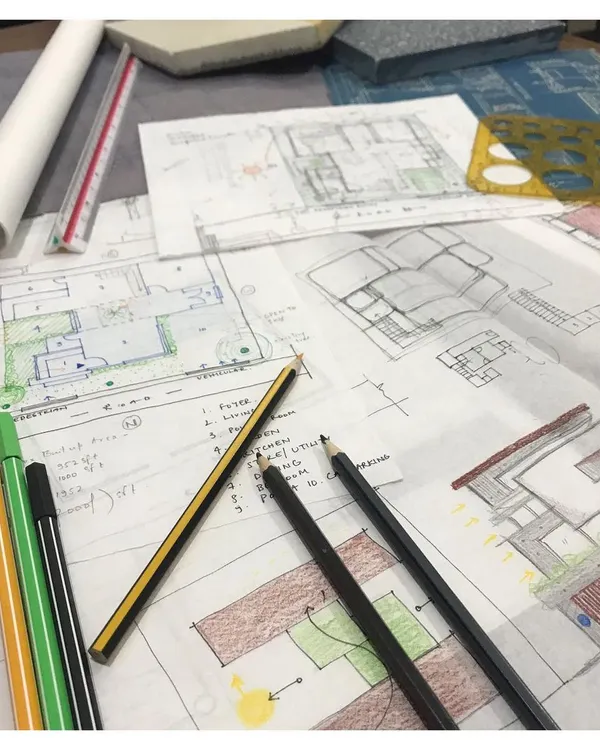 This is where every project begins: with layers of sketches, site plans, and brainstorming notes. My process is hands-on from the very first concept, focusing on spatial design and planning to create earth-friendly homes.