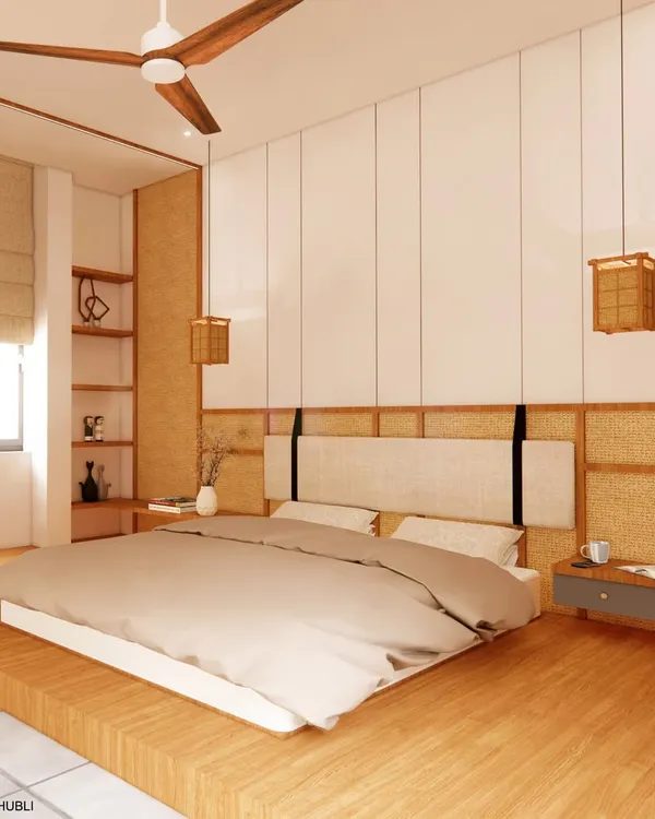 This rendering shows a Japandi-style bedroom from another angle, highlighting the built-in shelving and the clean, minimalist lines of the design. The use of natural materials like wood and rattan is key to this aesthetic.