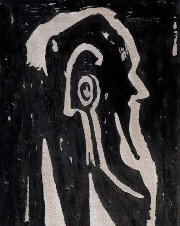 A unique work by Francis Newton Souza, this oil on canvas is his tribute to Rabindranath Tagore. Souza deviates from his usual style to capture the essence of the Nobel Laureate, incorporating symbolic motifs in a powerful black and white composition.