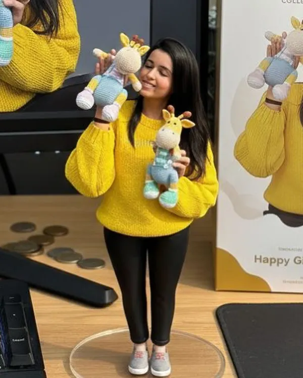 This is me, Simi, holding a miniature version of myself with our crochet giraffe. This image tells our story, a journey that began during lockdown and has now blossomed into a creative venture celebrating handmade art and supporting women artisans.