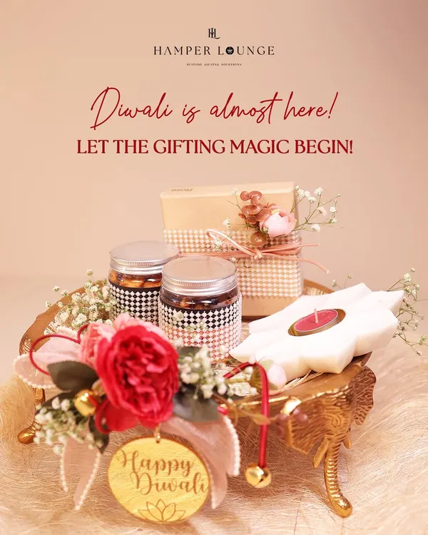 Diwali is almost here, and the gifting magic is beginning. This hamper, presented on a golden elephant tray, is filled with premium dry fruits and a beautiful candle, complete with a "Happy Diwali" tag to spread festive joy.