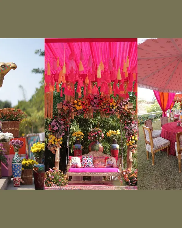 A collage showcasing a vibrant, pop-colored Mehendi setup. This is for the couple who wants their celebration to be a riot of happy hues, with quirky elements like painted camels and colorful seating.