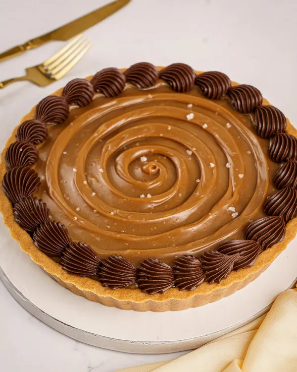 My Signature Chocolate Pudding Tart, finished with a perfect swirl of house-made caramel, a sprinkle of sea salt, and a decorative border of rich Belgian chocolate ganache.