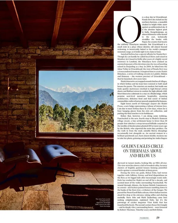 A quiet corner in our Shakti Prana lodge, where the window frames a perfect view of the Himalayan peaks. We designed the space with natural materials and comfortable furnishings to create a serene retreat for guests to connect with the majestic surroundings.